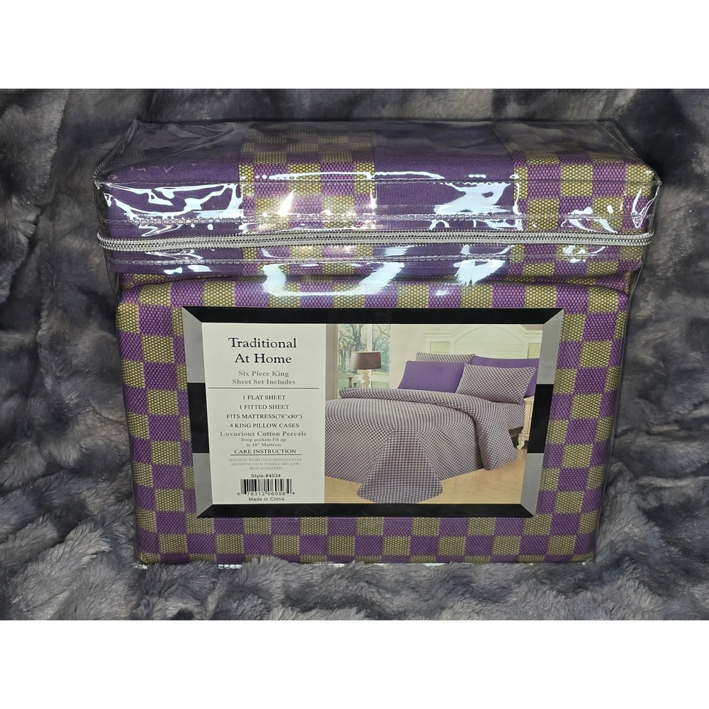 New Traditional At Home King 6 Piece Sheet Set  Purple‎ Gold Checkered